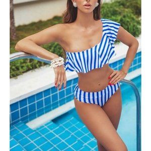 VIVA Striped One Shoulder Bikini Set L